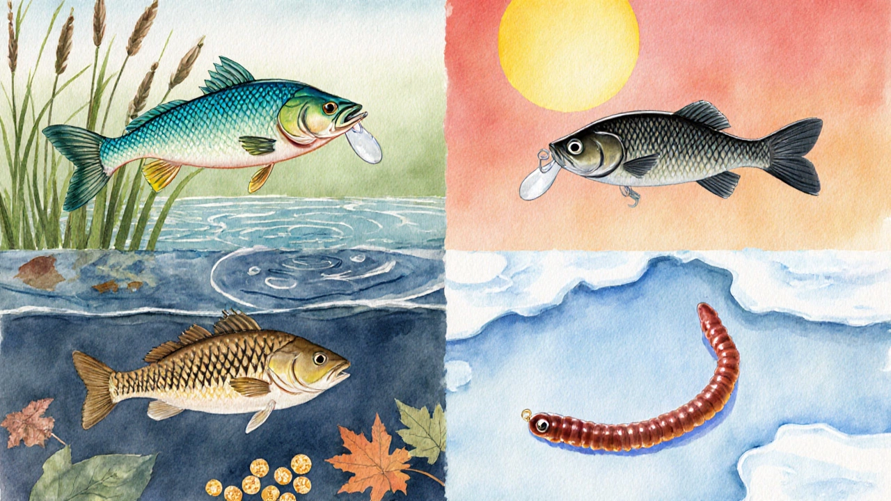 Акварельная сцена четырёх сезонов с разными приманками и целевыми рыбами.