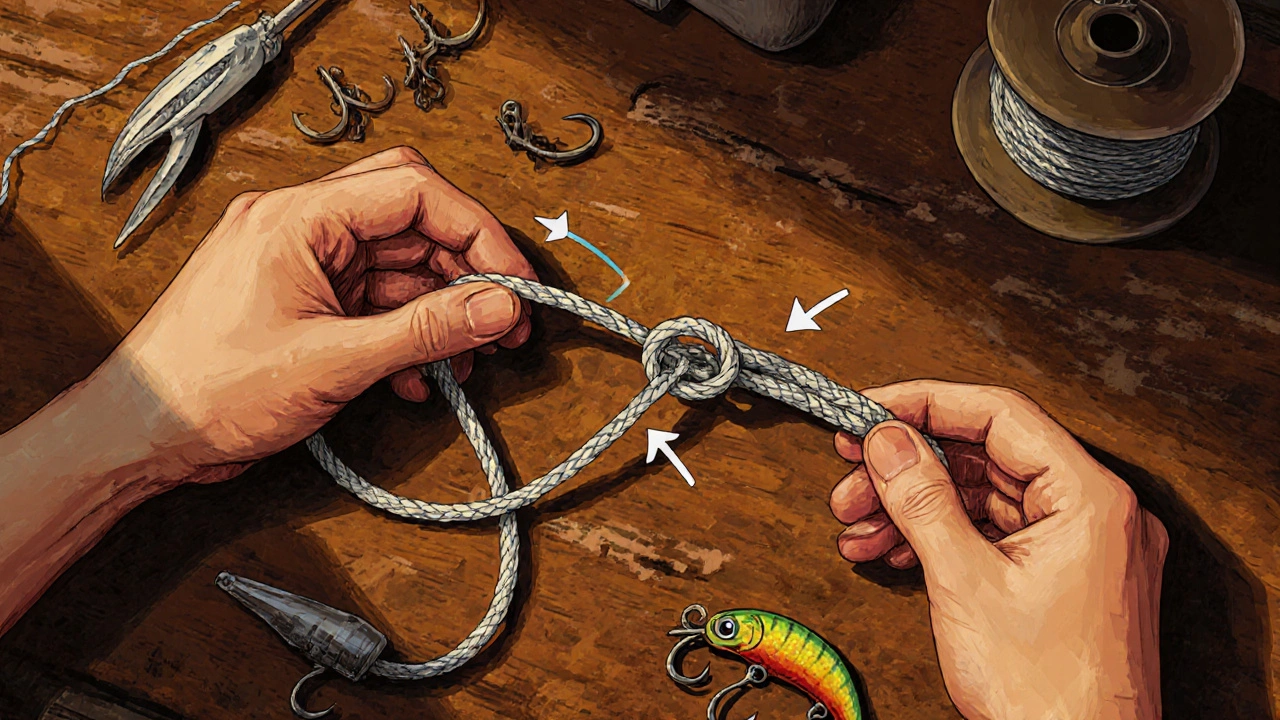 Близкий план рук, завязывающих узел булинь на плетенке с пошаговыми указателями.