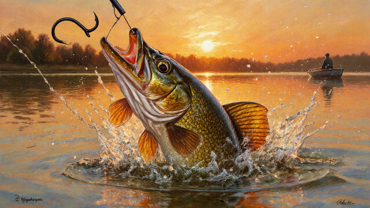 Большая щука на крючке всплывает из воды, на фоне закатного озера.