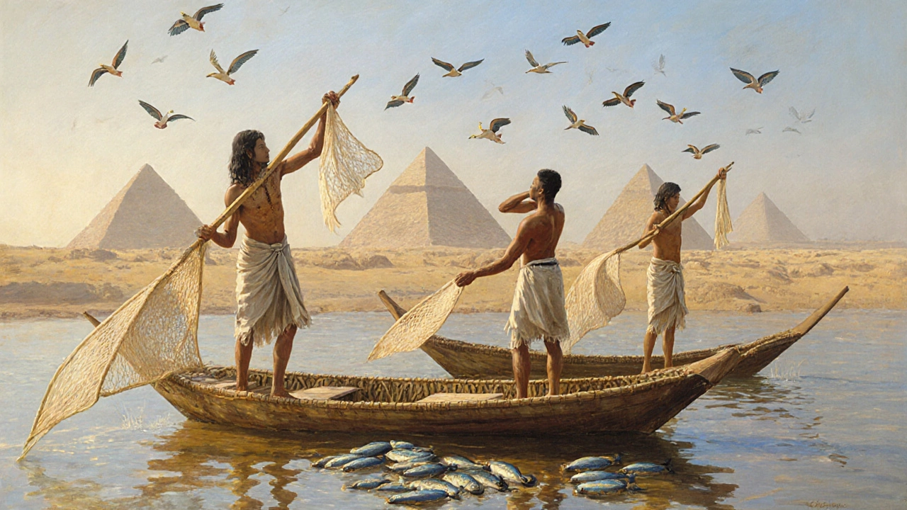 Египетские рыбаки в лодках из папируса ловят рыбу в Ниле при рассвете.