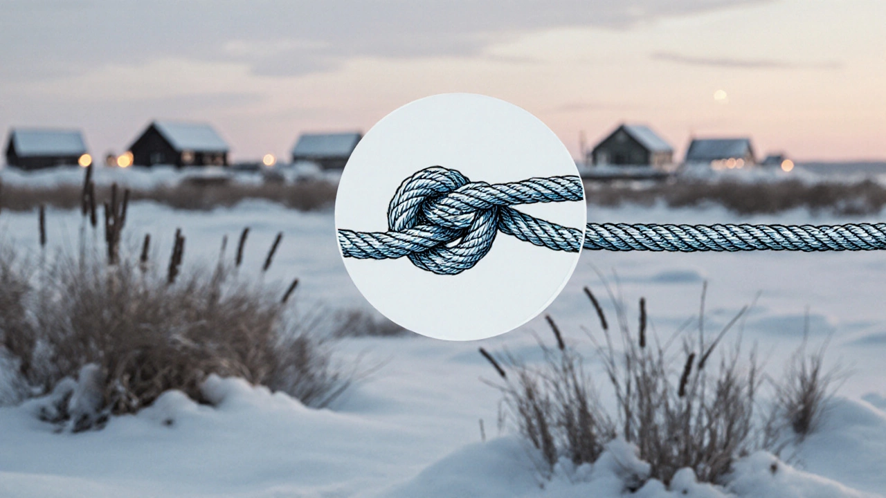 Крупный план морского узла на плетеной леске на фоне зимнего пейзажа.