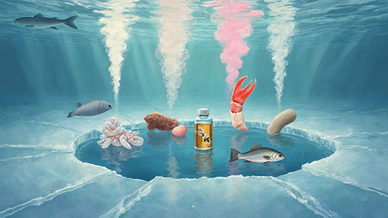 Подводный вид лунки с пятью источниками запахов и силуэтом леща, издающими ароматические струйки.