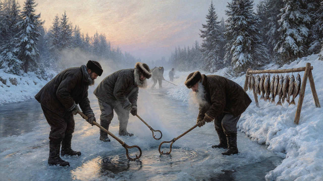 Русские рыбаки ловят через ледяные лунки на реке в XIX веке, рядом — сушёная рыба.