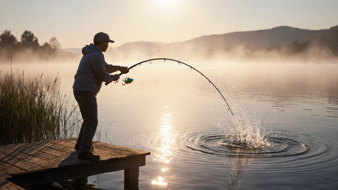 Рыбак бросает блесну, лужа искрится, брызги вокруг в утреннем тумане.
