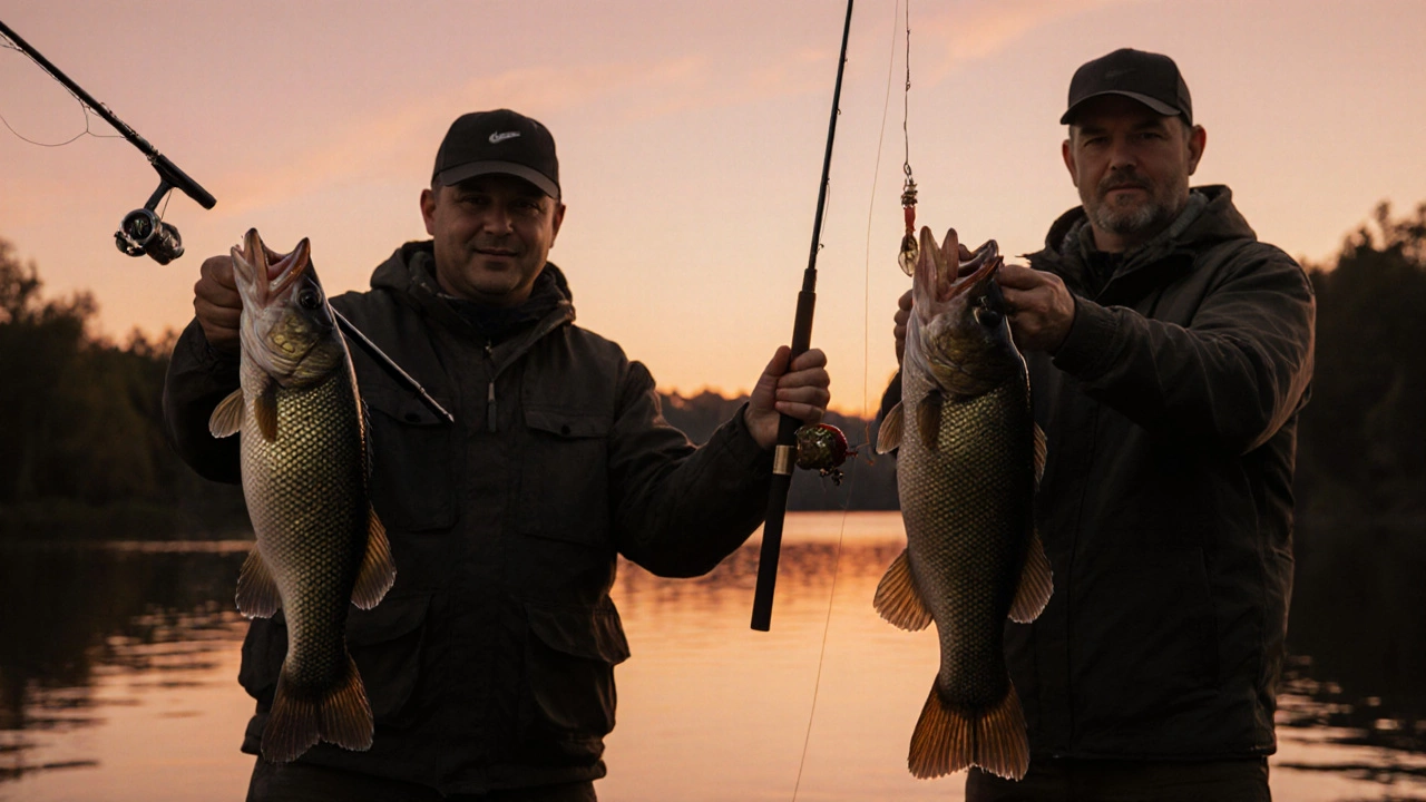 Рыбак держит крупного щука на спиннинге и огромного карпа на фидере.