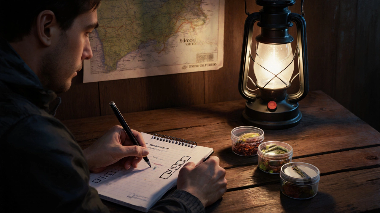 Рыбак за столом с чек‑листом, контейнерами наживки и картой Псковской области.