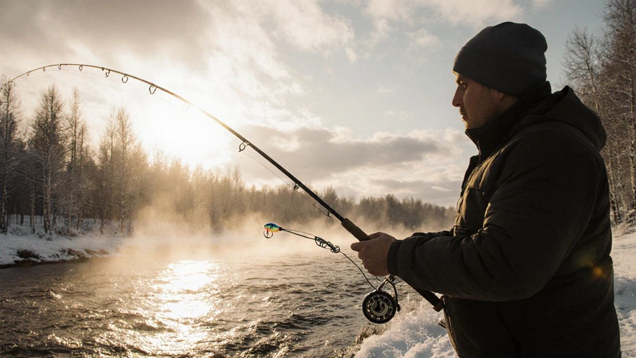 Рыбак забрасывает удочку с морским узлом в реку под снежным небом.