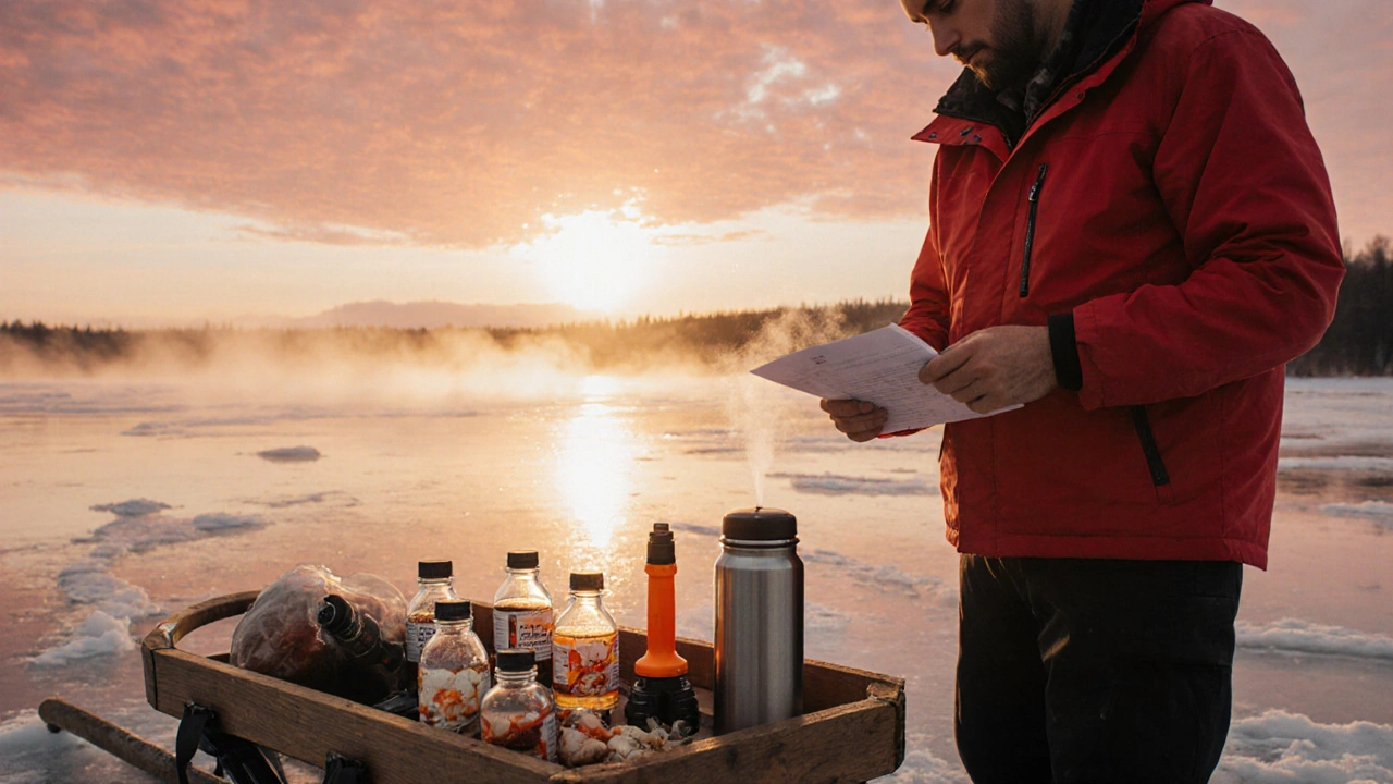 Рыболов проверяет снаряжение у льда на рассвете: ароматизаторы, ледобур, термос.