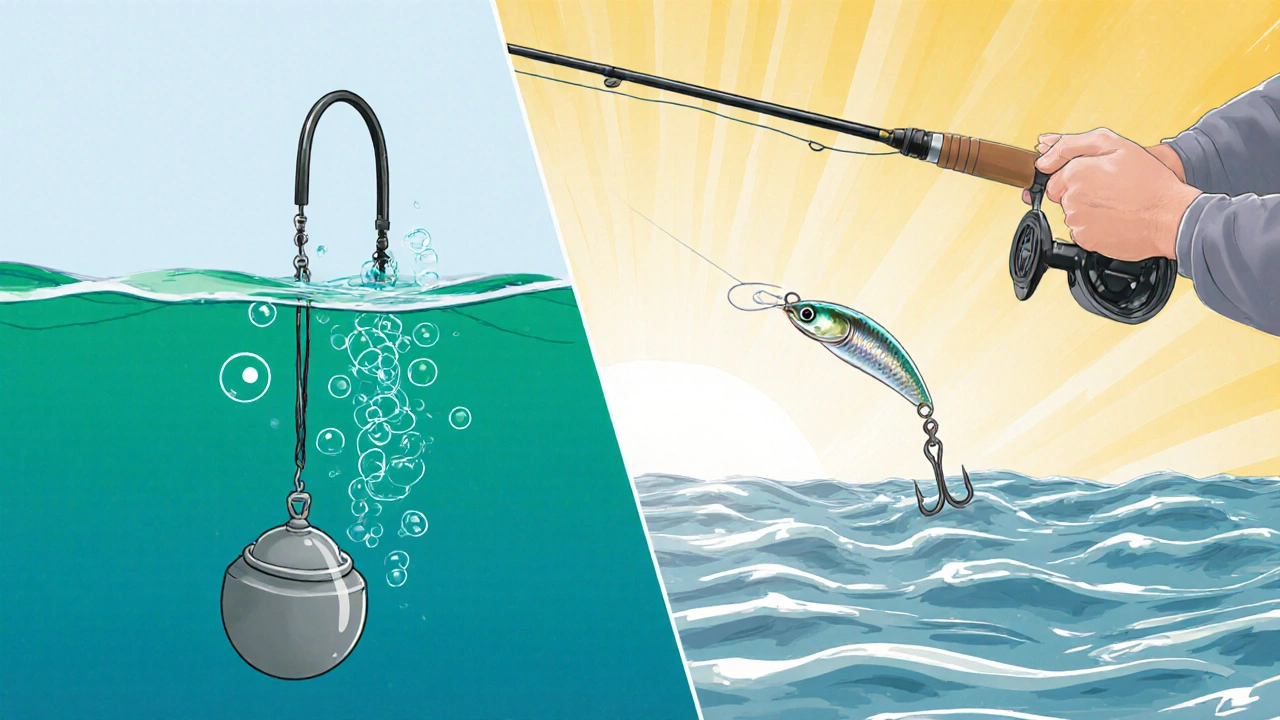 Слева подводный вид фидерной оснастки, справа – бросок спиннинговой удочки.