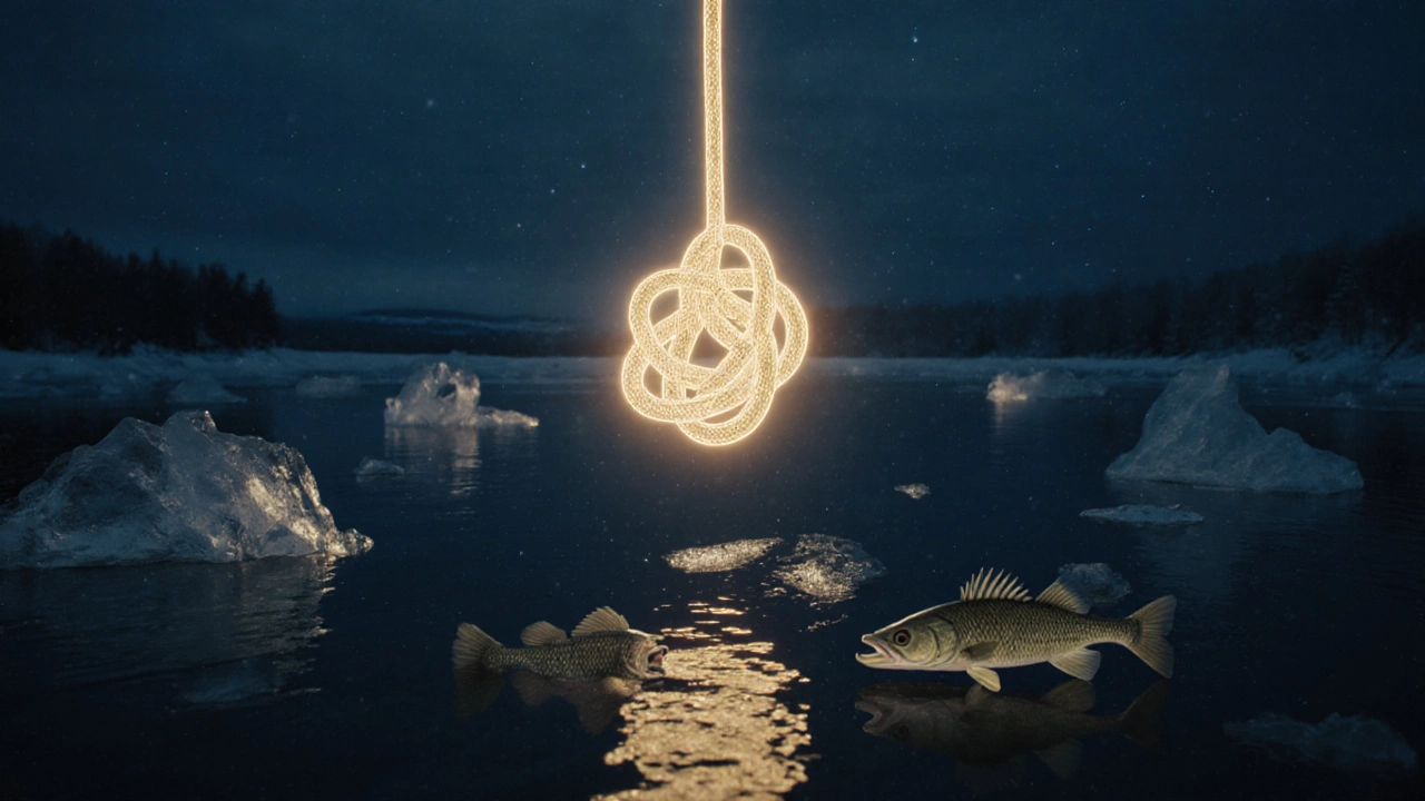 Светящийся узел булинь в воздухе над ледяным озером, символизирующий надежность.