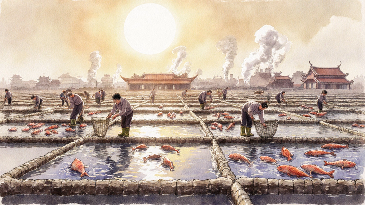 Аквакультурная ферма в провинции Гуандун с прудами и рыбой