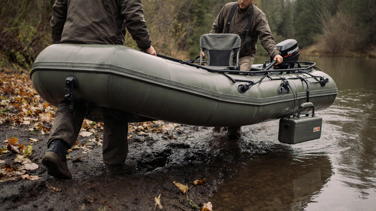 Два рыбака переносят гибридную лодку через грязный берег с снаряжением.