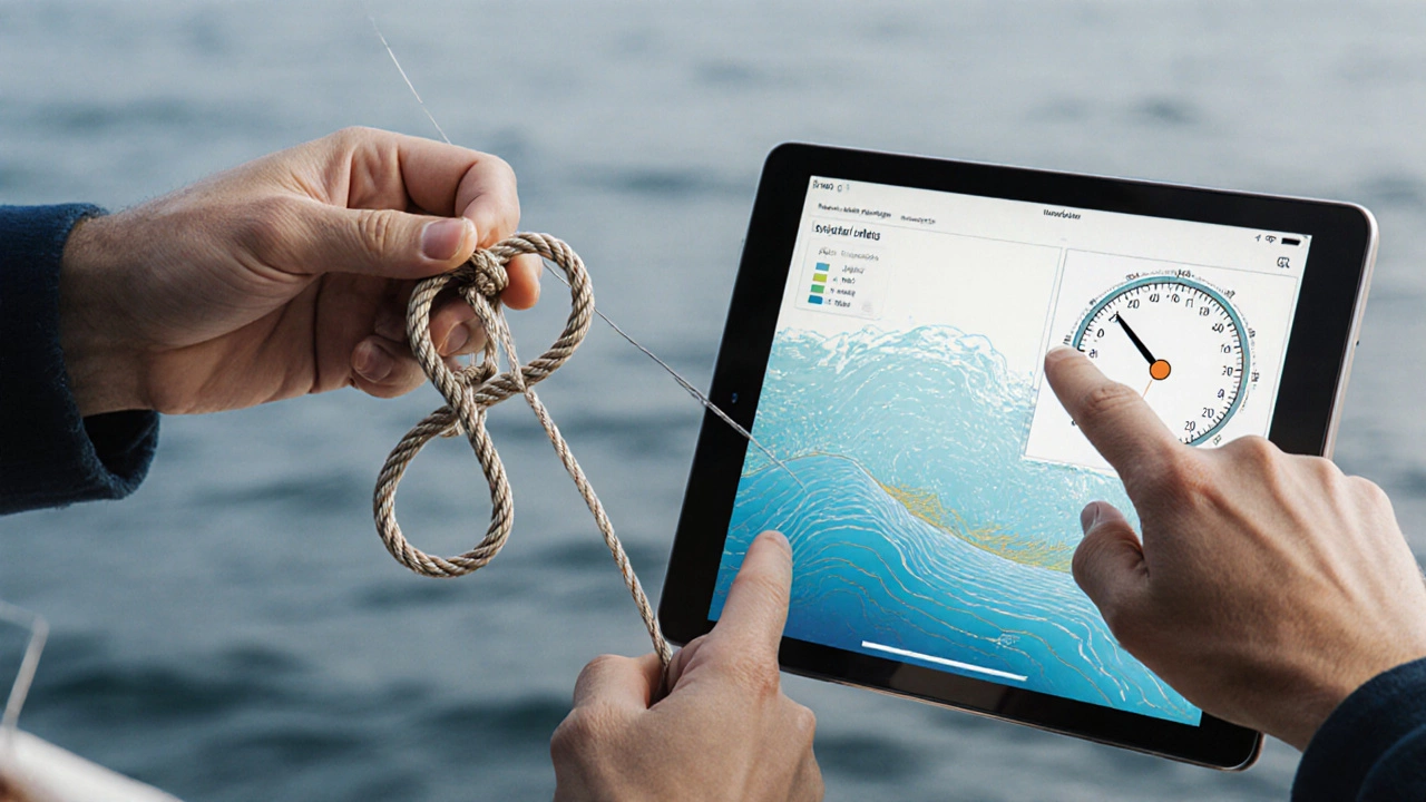 Две руки: одна вяжет рыболовный узел, другая указывает на экран с узлами — символ связи.