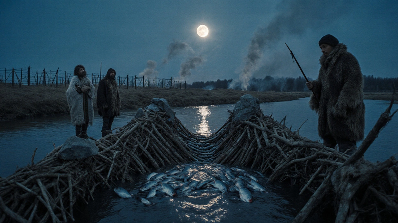 Каменная ловушка для рыбы в реке, люди ждут с копьями, луна отражается в воде.