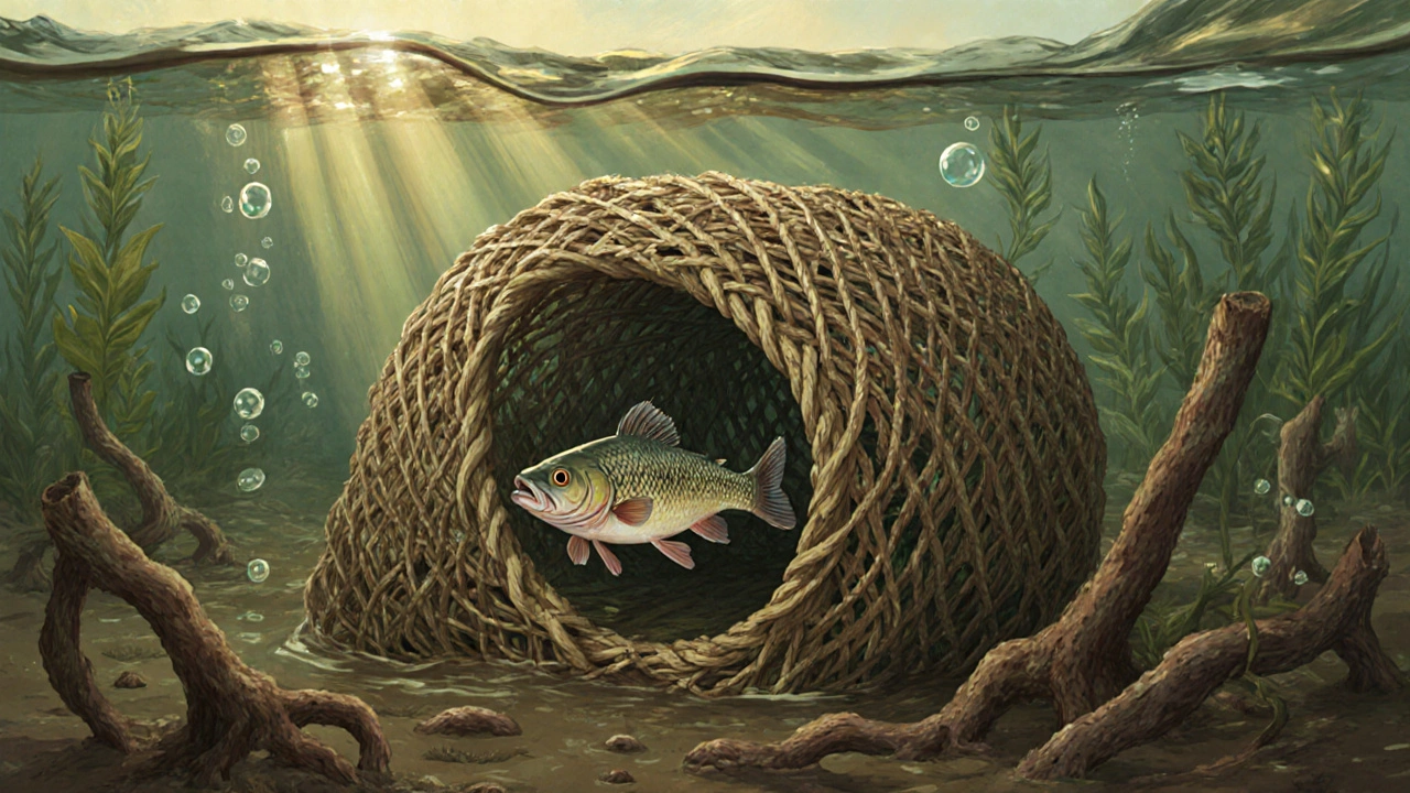 Корзина-ловушка на дне реки с карасем, входящим внутрь.