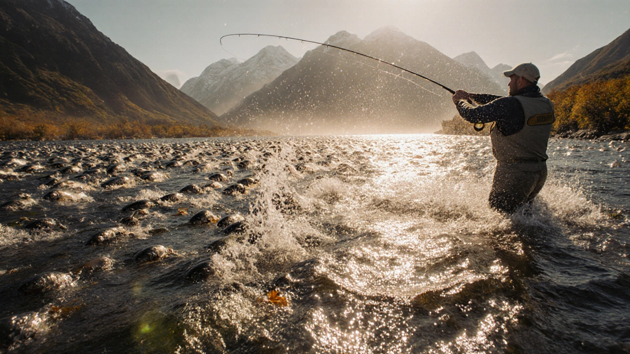 Лосось прыгает в реке Кодиак на Аляске, река полна рыбы под золотым светом.