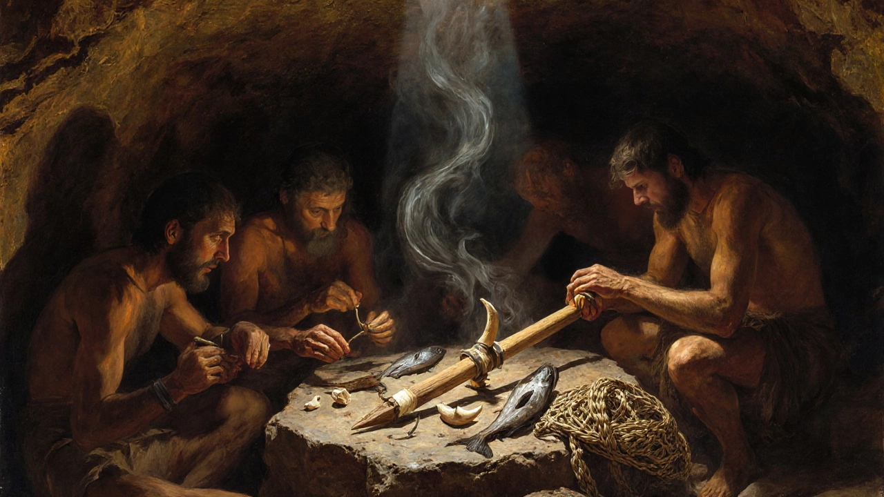 Люди в пещере делают гарпун из дерева и кости, рядом лежат сети и сушёная рыба.