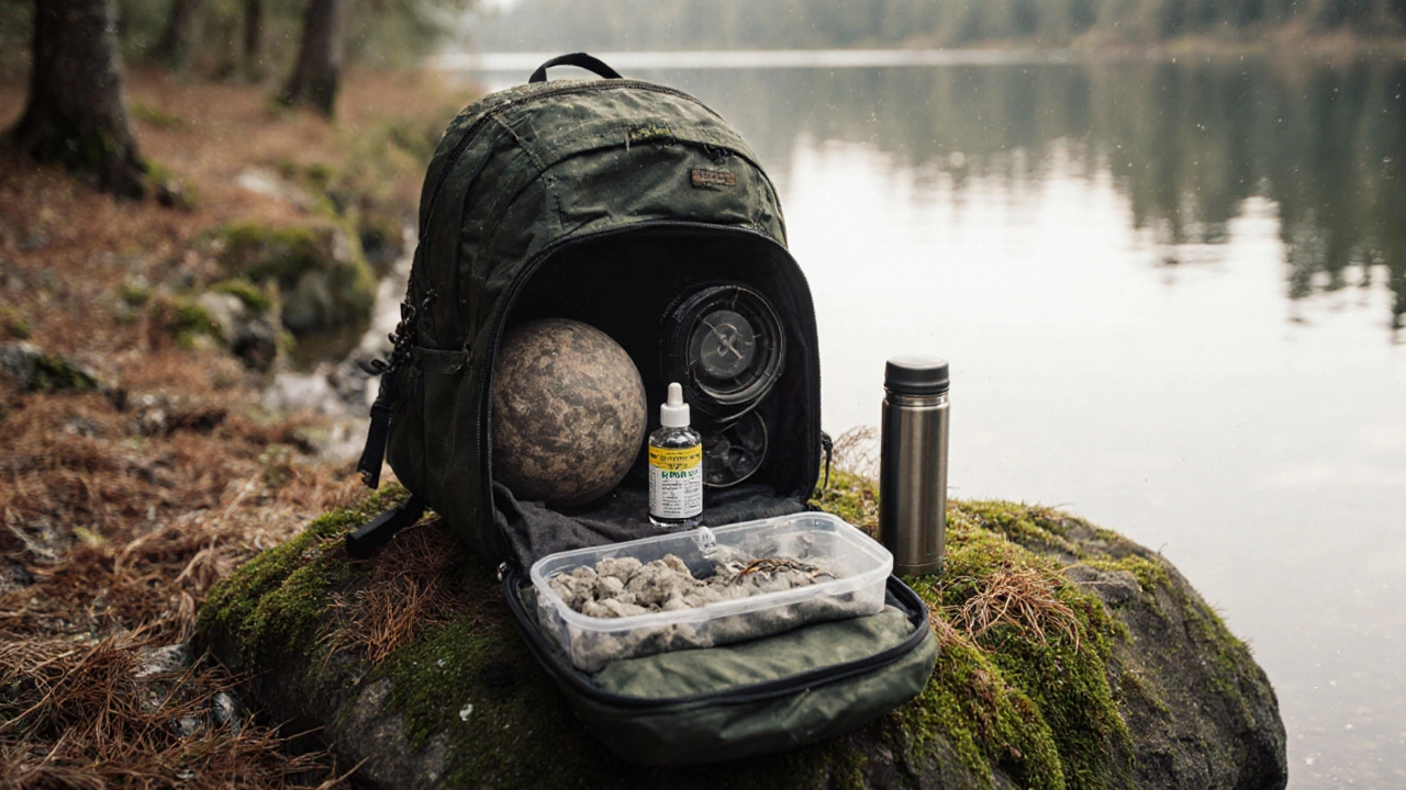 Минимальный набор рыболова в рюкзаке: удочка, репеллент, термос и наживка.