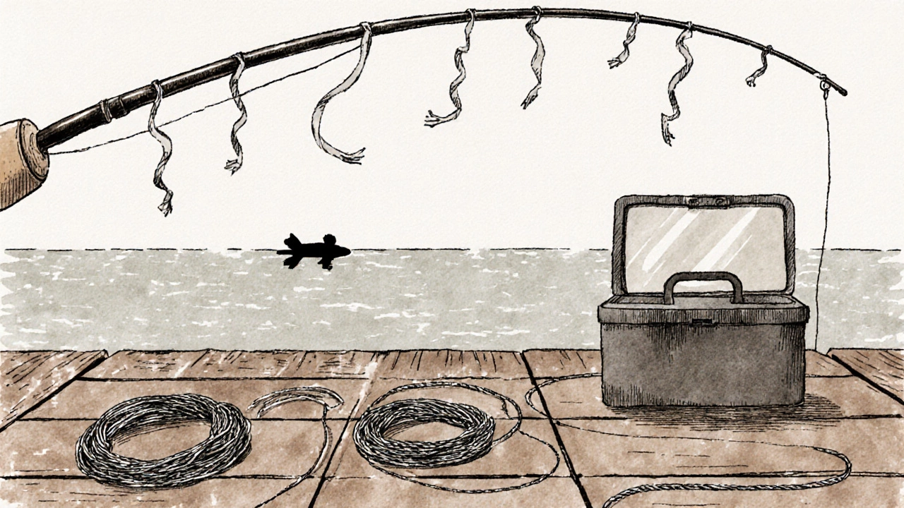 На деревянном причале лежат три типа металлических поводков рядом с разорванной леской.