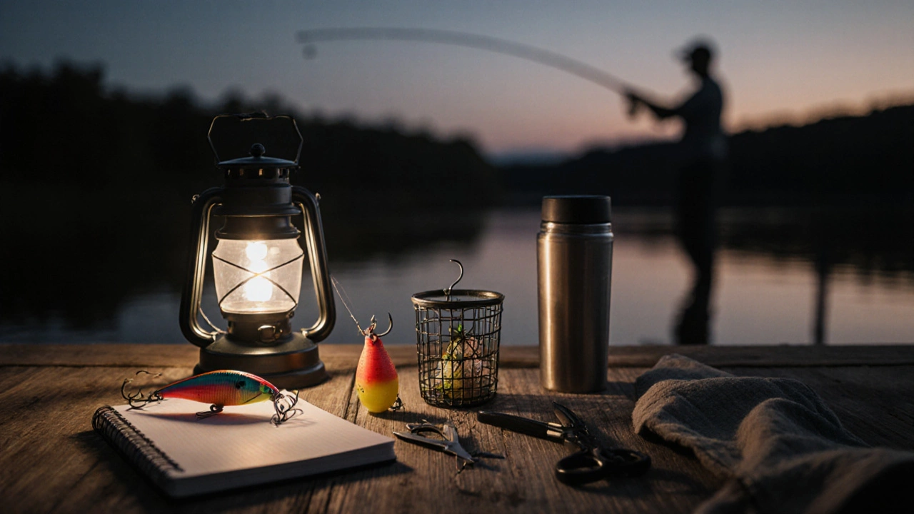 Набор летней рыбацкой снасти на деревянном столе: приманки, инструменты и термос.