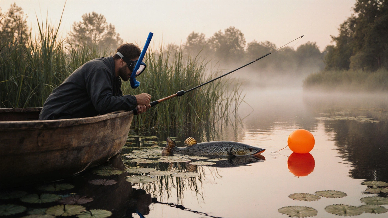 Охотник на лодке наблюдает за щукой среди камышей, держа гарпун над водой.