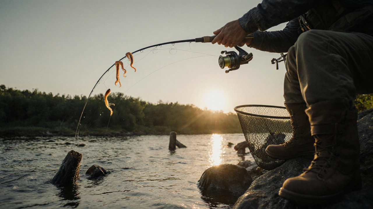 Опытный рыбак забрасывает приманку спиннингом к подводным корягам на закате.