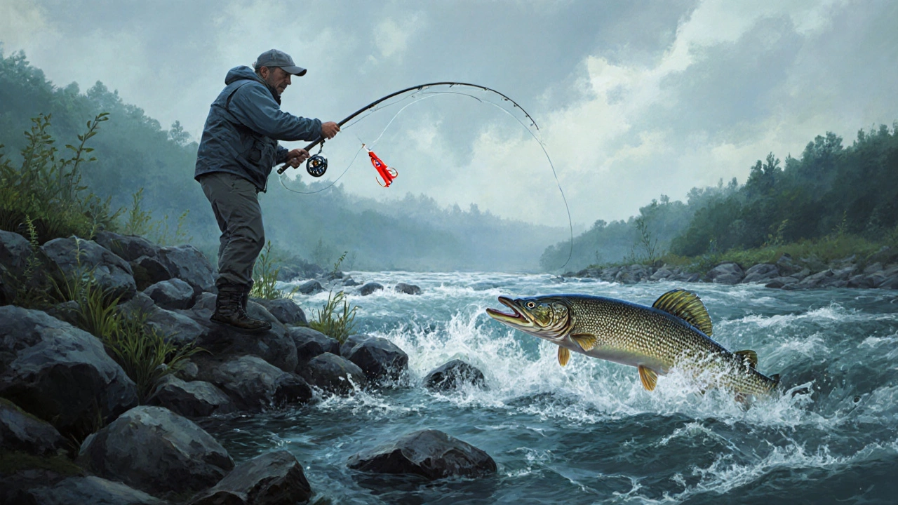 Опытный рыбак забрасывает спиннинг с воблером в бурлящую реку, где в воде скрывается щука.