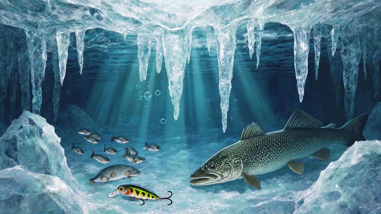 Подводный вид под льдом: мормышка опускается, а щука наблюдает в глубине.