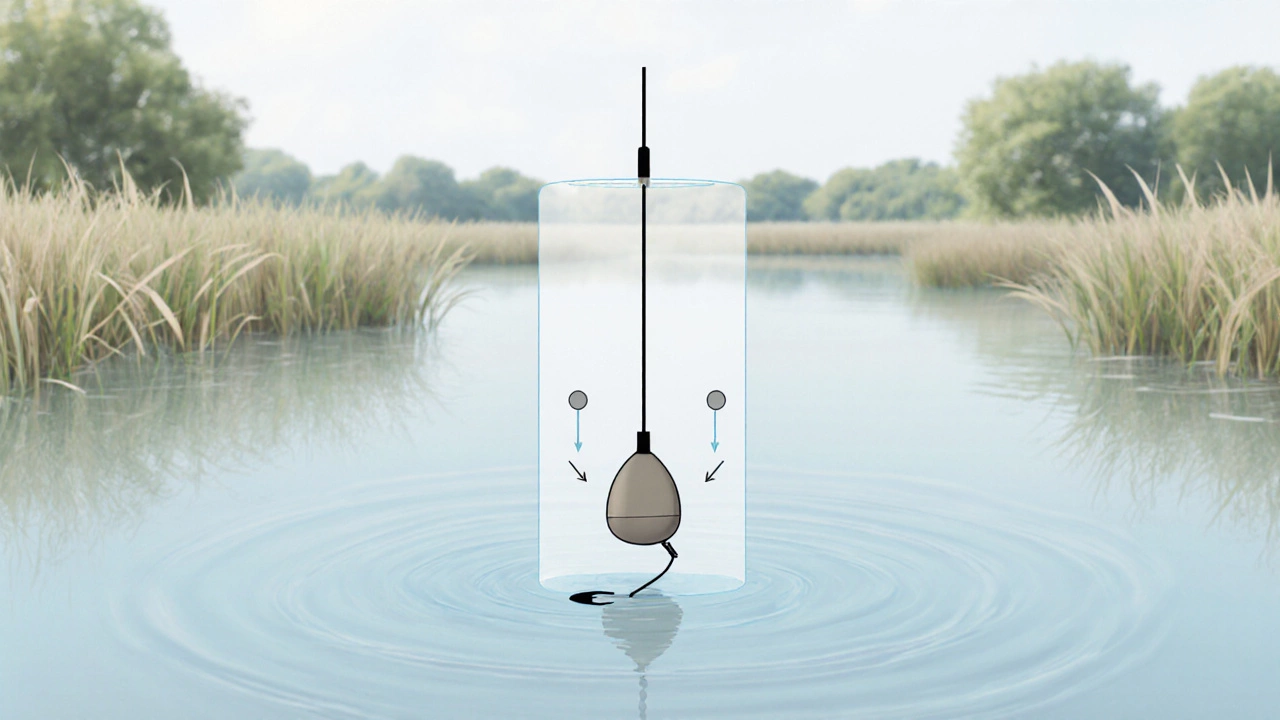 Правильно настроенная поплавочная снасть плавает на спокойной воде с вертикальным поплавком и распределёнными грузилами.