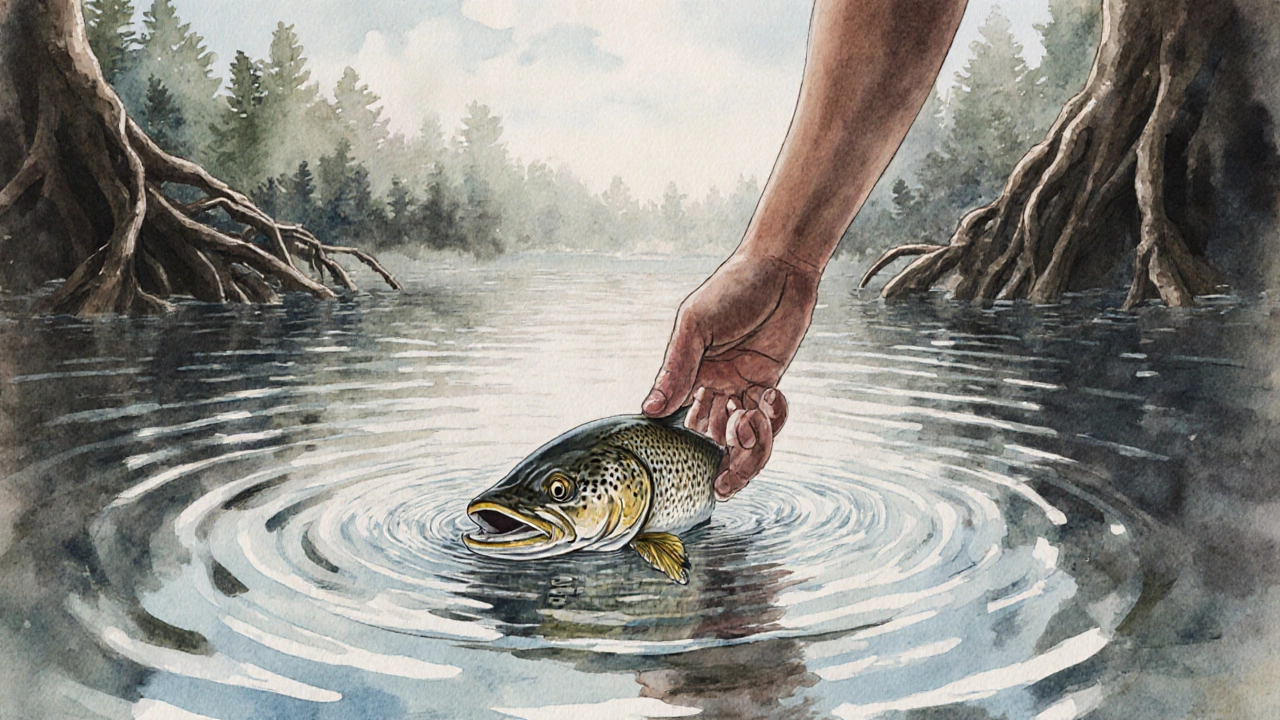 Рука тянется к щуке в воде, волны образуют лицо — символ связи с природой.