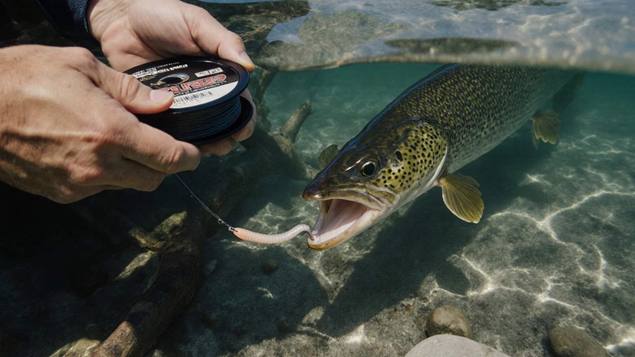 Рыбак держит леску без поводка, над водой видна тень щуки, готовой атаковать.