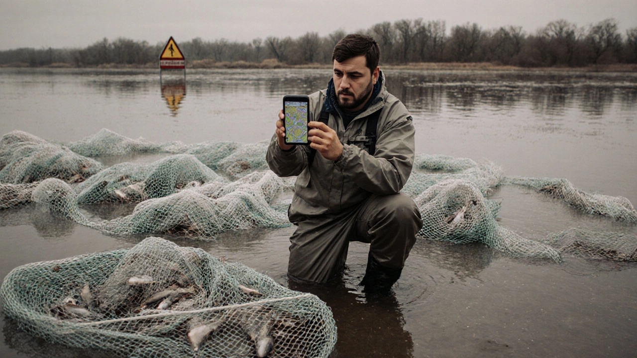 Рыбак фотографирует нелегальные сети на озере, на экране телефона — координаты, вдали — берег и знак запрета.