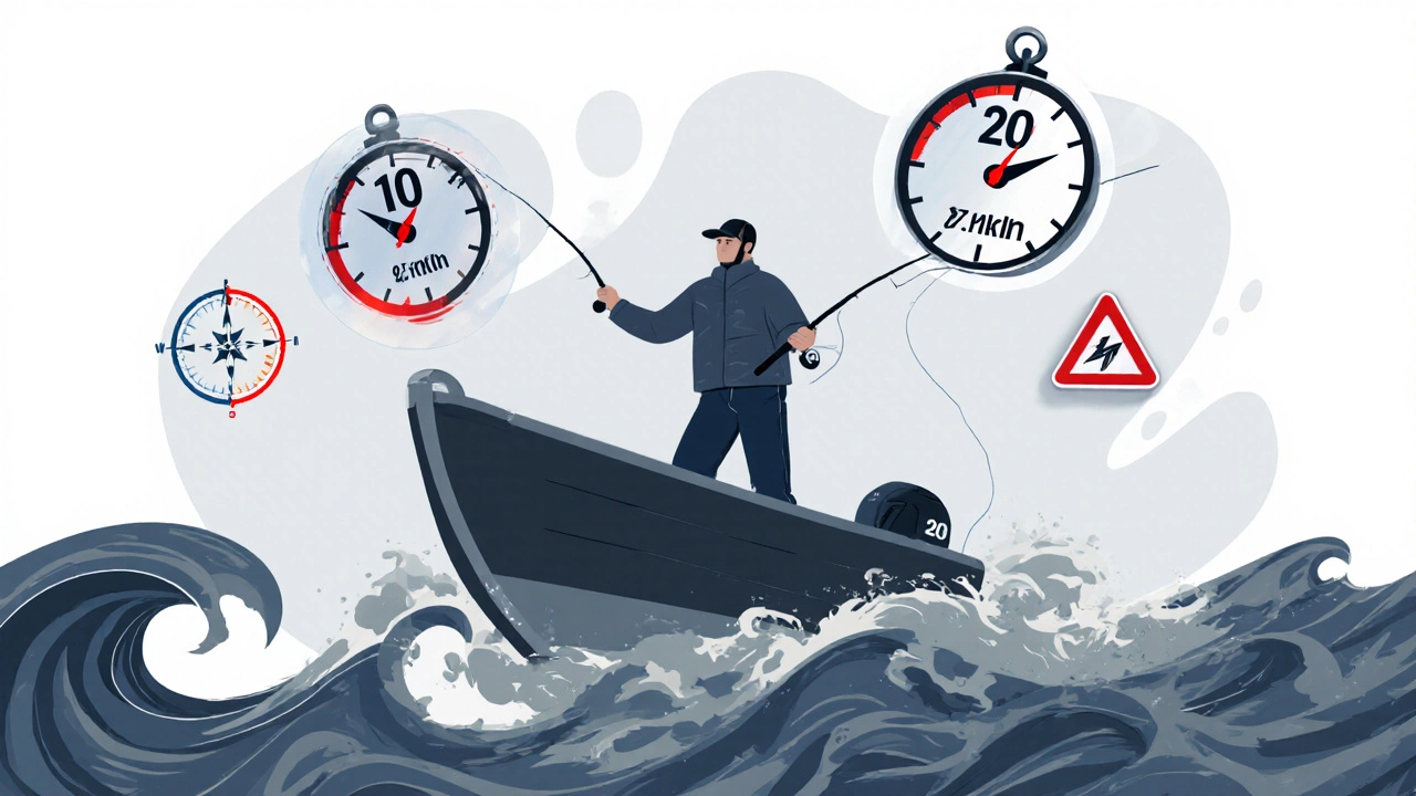 Рыбак на качающейся лодке, над ним — прозрачные цифры: 10 и 20 узлов в км/ч, волны и компас.