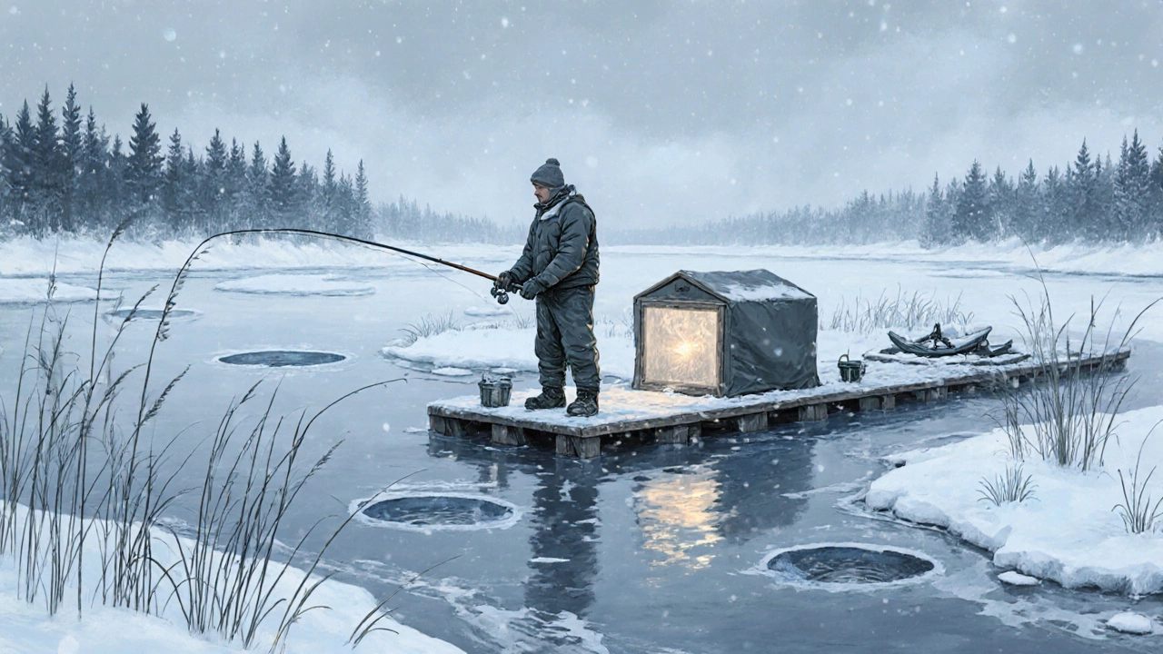 Рыбак на льду с лунками и эхолотом в зимнем пейзаже.