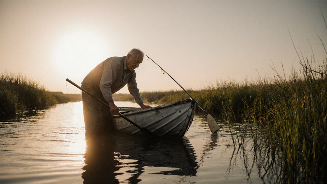 Рыбак переворачивает перевёрнутую шлюпку на мелководье вечером, рядом удочка.