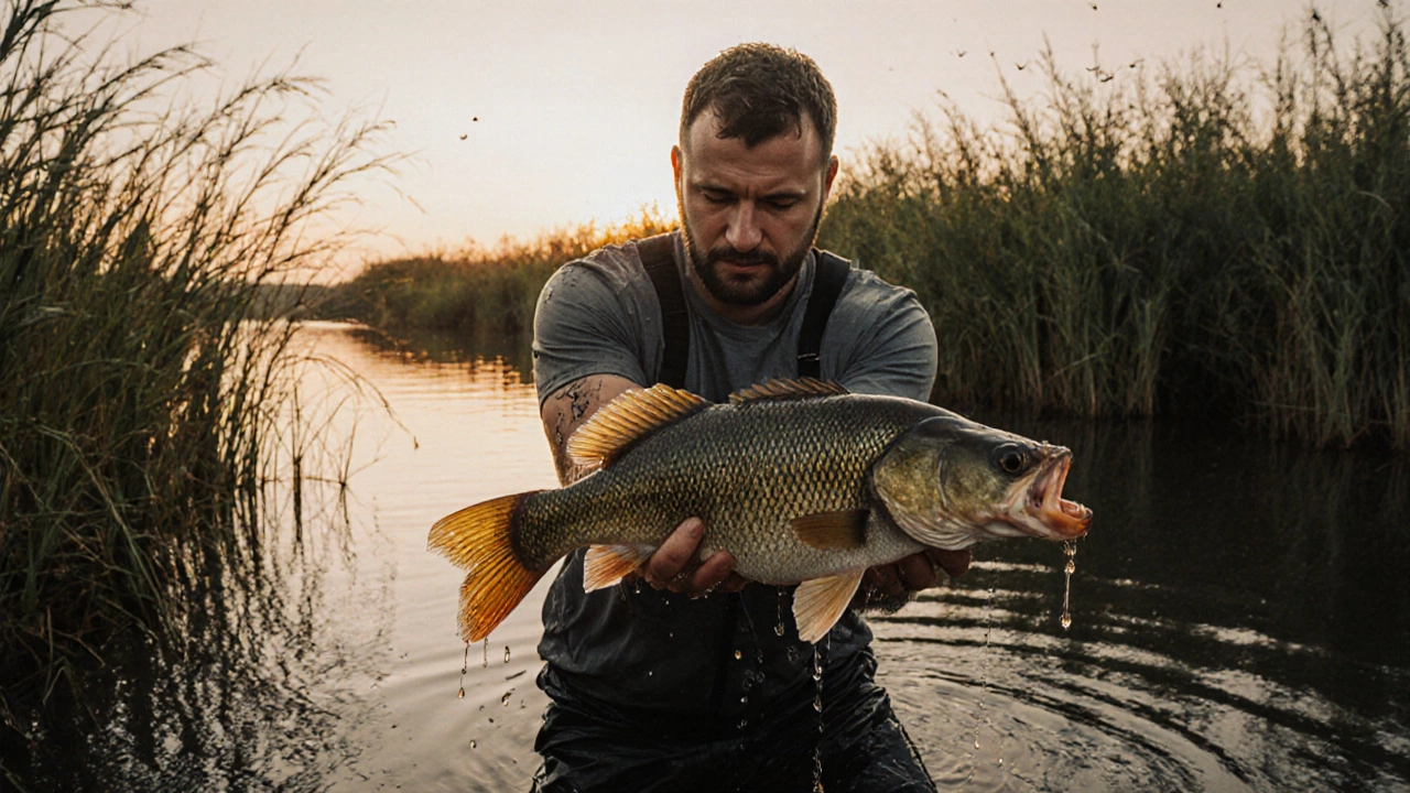 Рыбак поднимает окуня из воды руками, вечерний свет, без снастей.