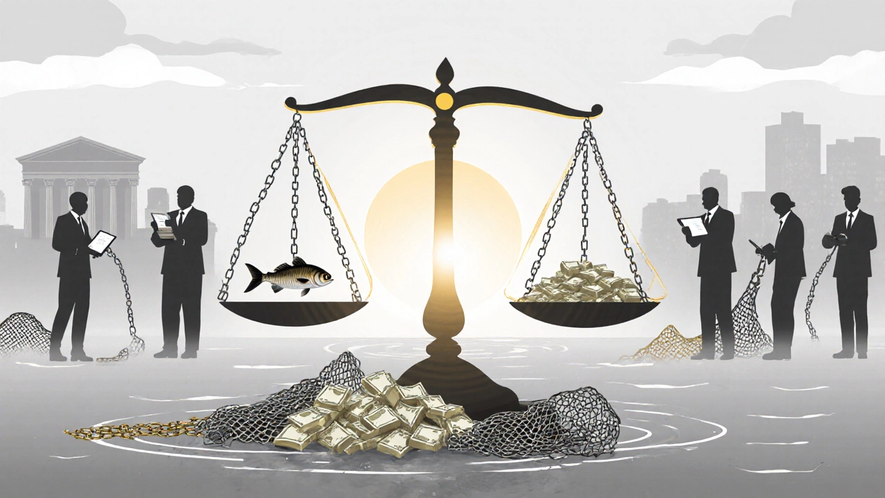 Символическая весы: одна чаша — рыба, другая — деньги и сети, на фоне инспекторы и граждане, борющиеся с браконьерством.