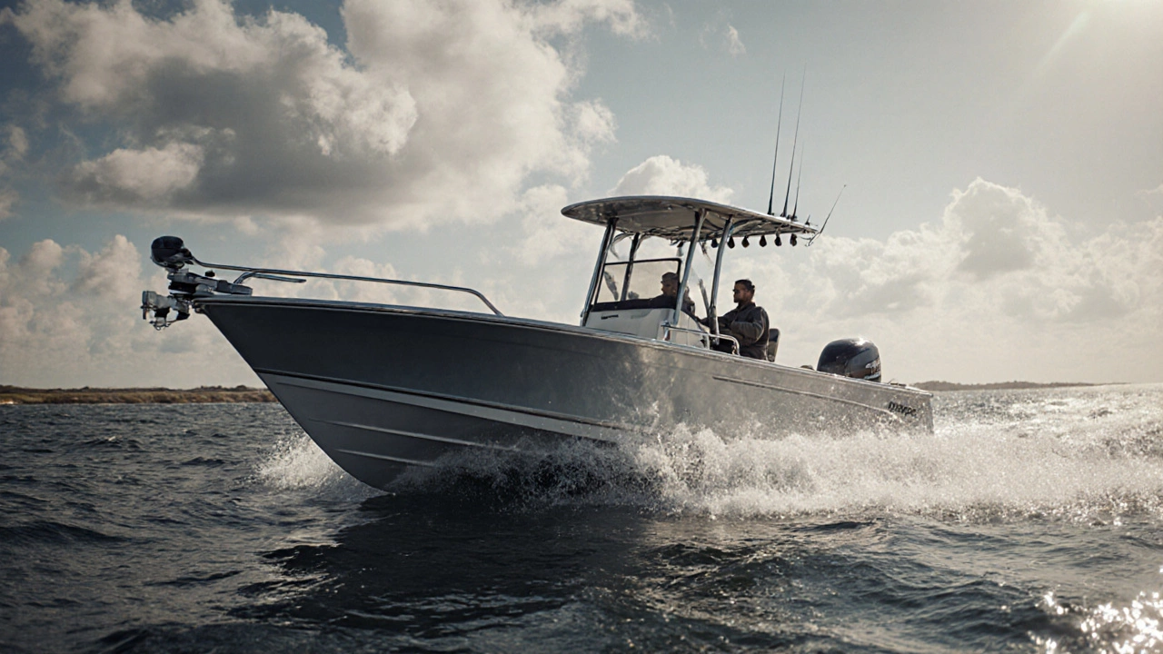 Скоростной катер с острым носом разрезает волны на открытом озере, брызги летят по бортам.