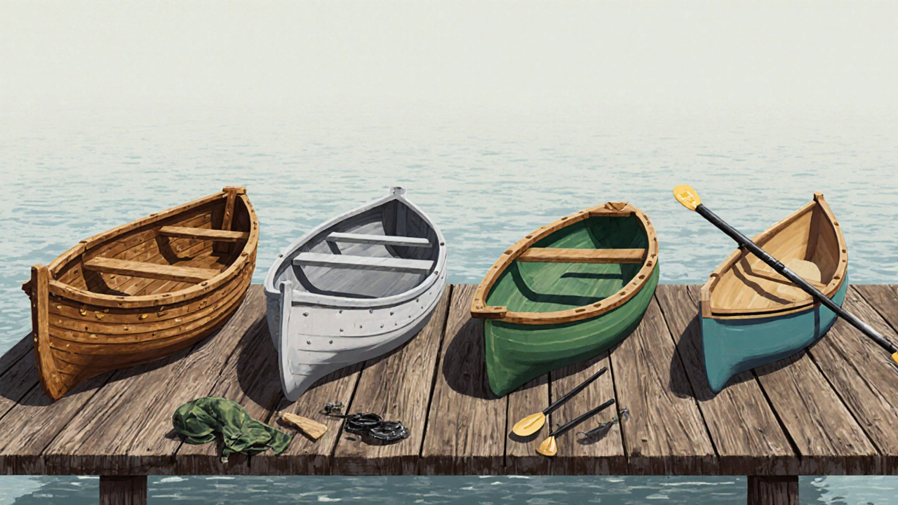 Сравнение четырёх типов гребных лодок: шлюпка, алюминиевая, надувная и каноэ на берегу.