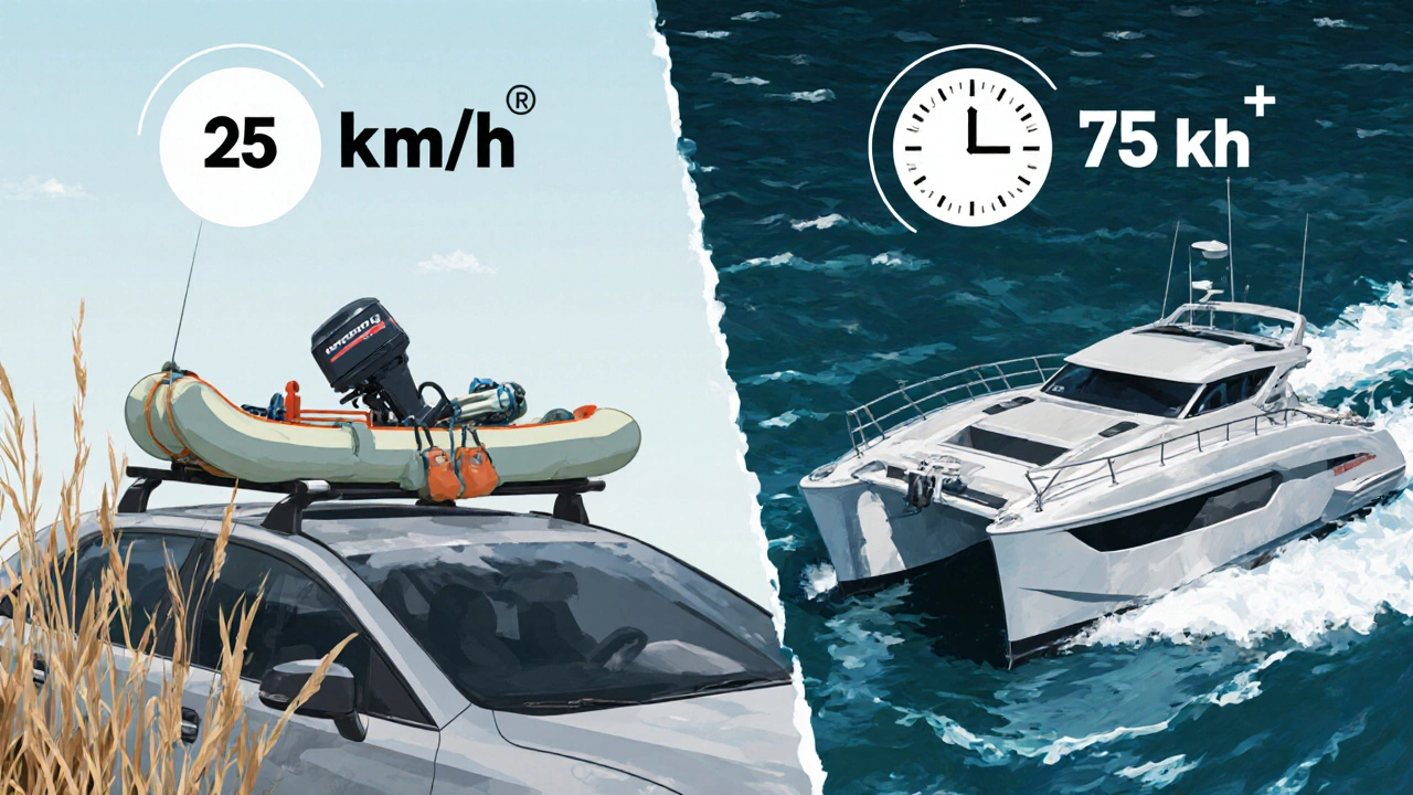 Сравнение: лодка на крыше машины и быстрый катер на воде с символом времени.