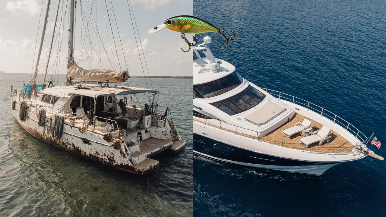 Сравнение рыболовного катера и яхты на фоне мелководья и глубокой воды