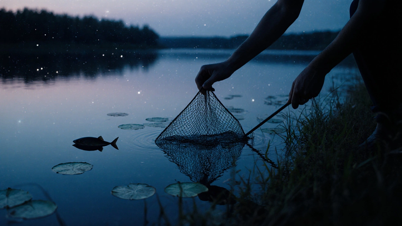 Западня в водной растительности на закате, рядом рыба.