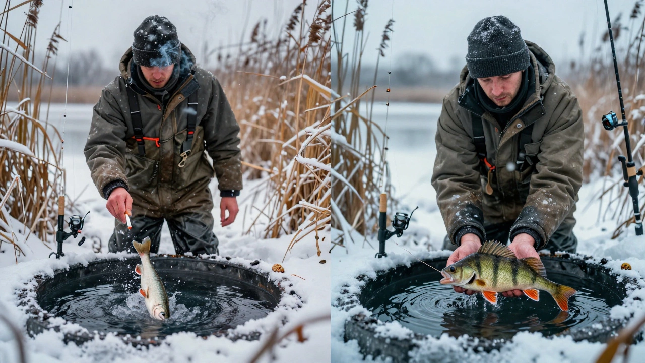 Два противоположных сценария зимней рыбалки: одна лунка с пугающими запахами, другая — с естественными.