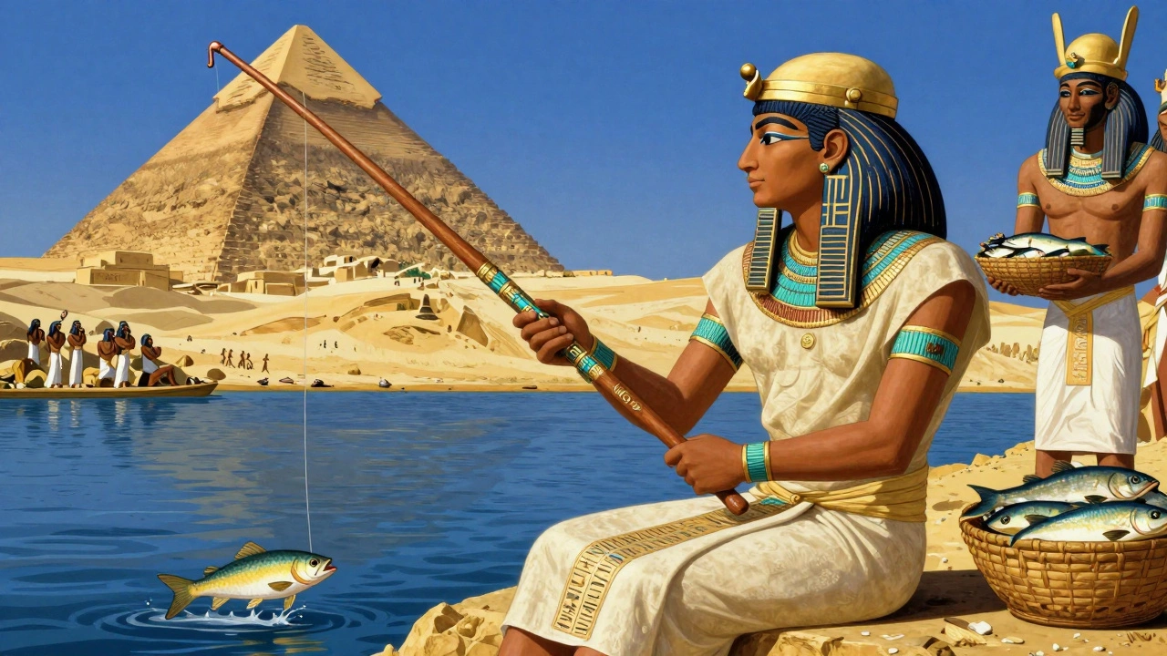 Египетский аристократ с украшенной удочкой и медным крючком у Нила.