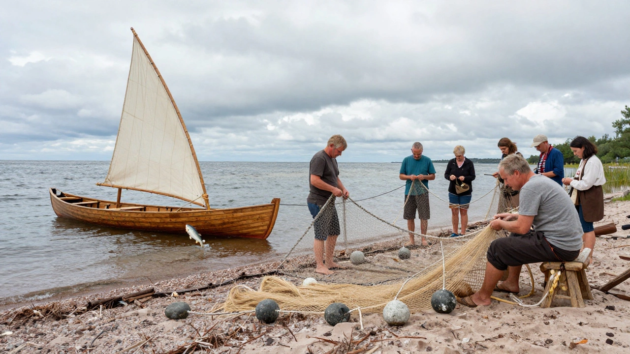 Люди плетут сеть из растительных волокон с каменными грузилами.