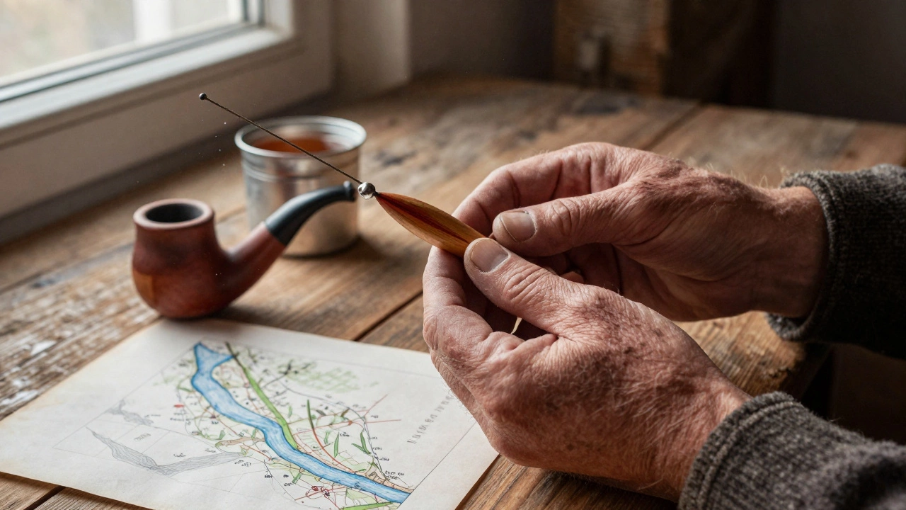 Морщинистые руки держат деревянную приманку на столе с чаем и картой.