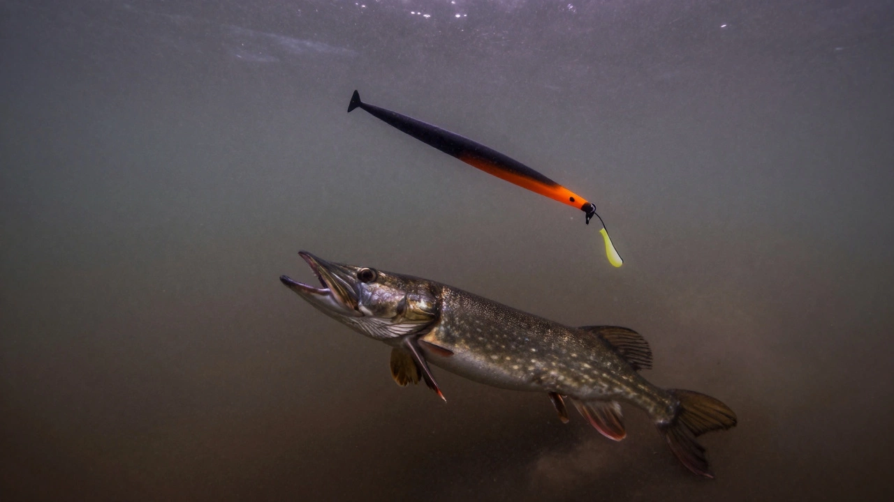 Мутная вода в сумерках, черная приманка с оранжевым брюшком атакуется щукой.