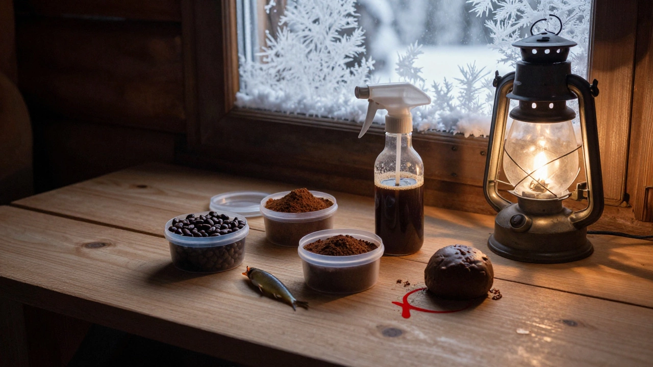 На деревянном столе в избе лежат кофе, наживка и самодельная кофейная паста для зимней рыбалки.