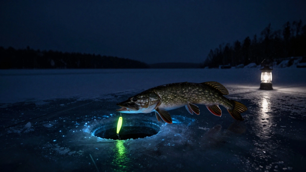 Ночная ловля подо льдом, флуоресцентная зеленая приманка светится, щука атакует.