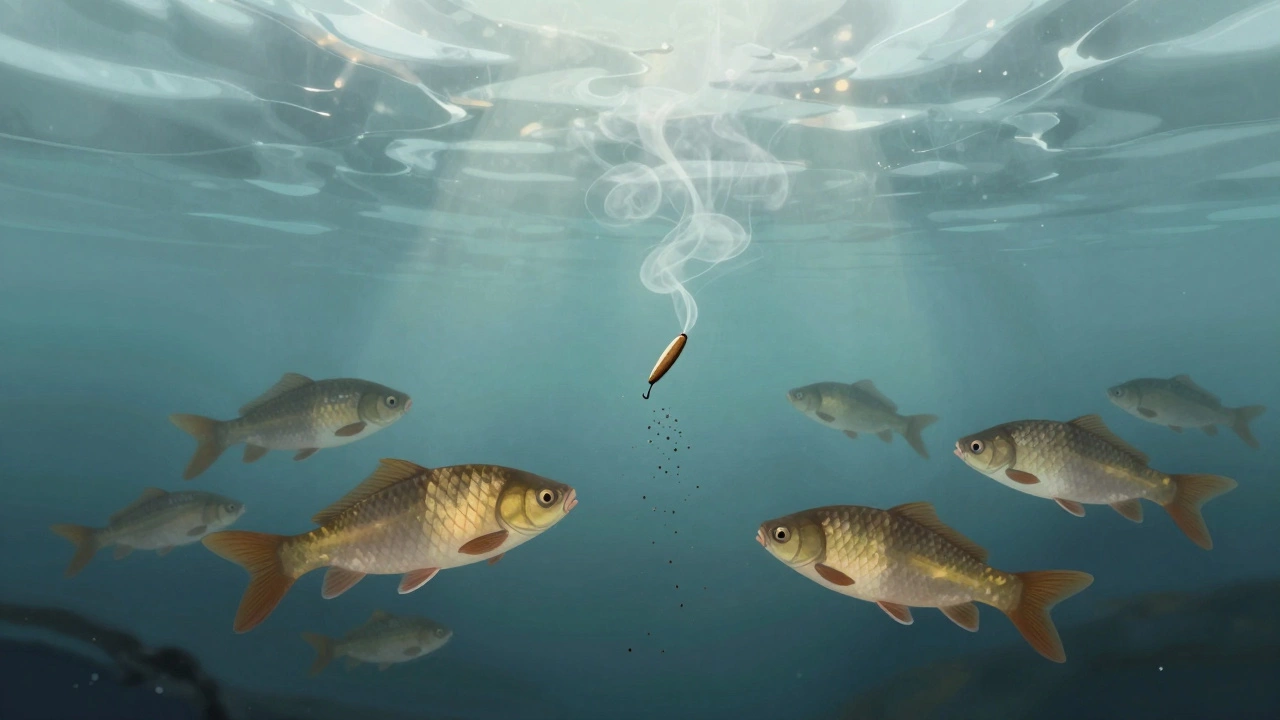 Подводный вид: плотва и подлещик реагируют на аромат кофейной приманки в зимней воде.